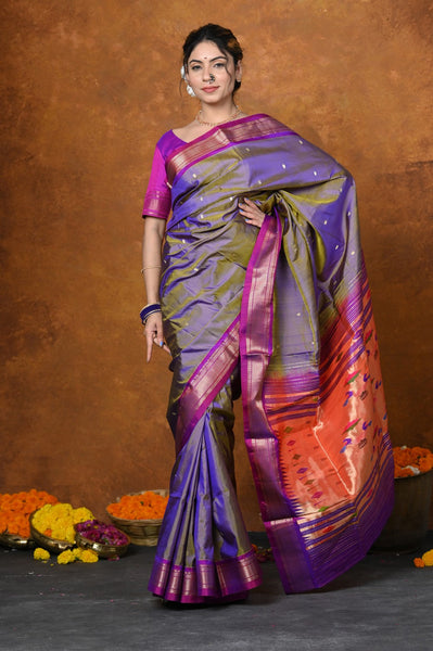 Very Much Indian Authentic High Quality Pure Silk Paithani With Most Traditional Double Pallu - Dual Tone Lavender - Distacart