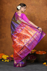 Thumbnail for Very Much Indian Authentic High Quality Pure Silk Paithani With Most Traditional Double Pallu - Dual Tone Lavender - Distacart