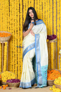 Thumbnail for Very Much Indian Rajsi - Handloom Pure Silk Paithani Handcrafted By Senior Weavers WIth Double Pallu - White and Blue - Distacart