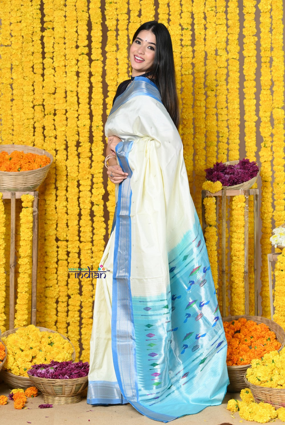 Very Much Indian Rajsi - Handloom Pure Silk Paithani Handcrafted By Senior Weavers WIth Double Pallu - White and Blue - Distacart