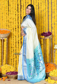 Thumbnail for Very Much Indian Rajsi - Handloom Pure Silk Paithani Handcrafted By Senior Weavers WIth Double Pallu - White and Blue - Distacart
