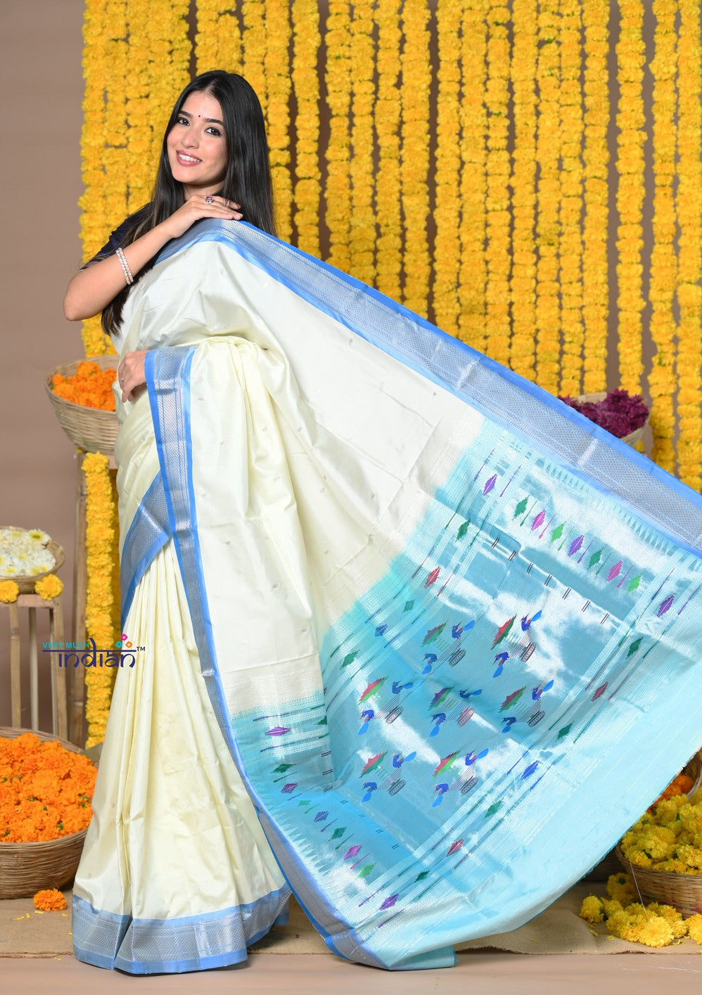 Very Much Indian Rajsi - Handloom Pure Silk Paithani Handcrafted By Senior Weavers WIth Double Pallu - White and Blue - Distacart