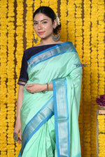 Thumbnail for Very Much Indian Rajsi - Handloom Pure Silk Silver Zari Paithani Saree WIth Handcrafted Traditional Double Pallu in Cerulean Green - Distacart