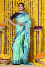Thumbnail for Very Much Indian Rajsi - Handloom Pure Silk Silver Zari Paithani Saree WIth Handcrafted Traditional Double Pallu in Cerulean Green - Distacart