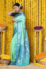 Thumbnail for Very Much Indian Rajsi - Handloom Pure Silk Silver Zari Paithani Saree WIth Handcrafted Traditional Double Pallu in Cerulean Green - Distacart