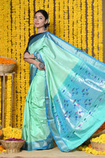 Thumbnail for Very Much Indian Rajsi - Handloom Pure Silk Silver Zari Paithani Saree WIth Handcrafted Traditional Double Pallu in Cerulean Green - Distacart