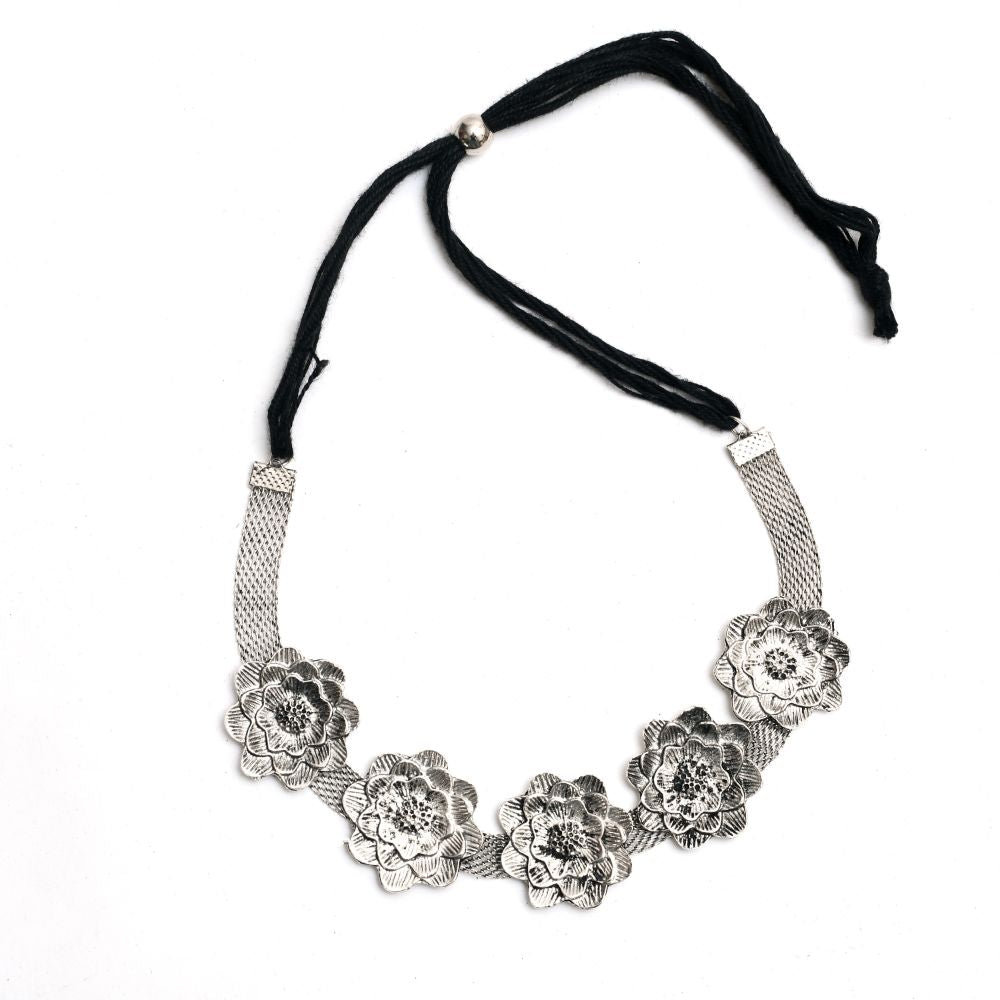 Mominos Fashion Johar Kamal Silver-Plated Brass Finish Rose Design Choker For Women (Silver) - Distacart