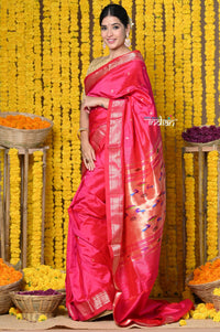 Thumbnail for Very Much Indian Rajsi - Handloom Pure Silk Paithani Saree with Most Traditional Double Pallu in Beautiful Pink Bloom - Distacart