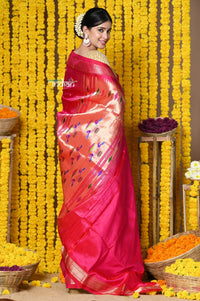 Thumbnail for Very Much Indian Rajsi - Handloom Pure Silk Paithani Saree with Most Traditional Double Pallu in Beautiful Pink Bloom - Distacart