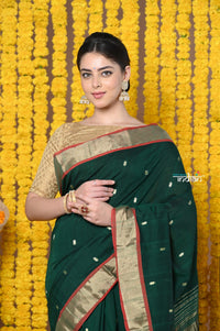 Thumbnail for Very Much Indian Rajsi - Handloom Pure Cotton Paithani With Peacock Pallu - Dark Green - Distacart