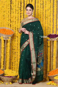 Thumbnail for Very Much Indian Rajsi - Handloom Pure Cotton Paithani With Peacock Pallu - Dark Green - Distacart