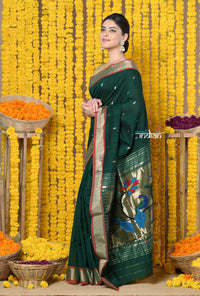 Thumbnail for Very Much Indian Rajsi - Handloom Pure Cotton Paithani With Peacock Pallu - Dark Green - Distacart