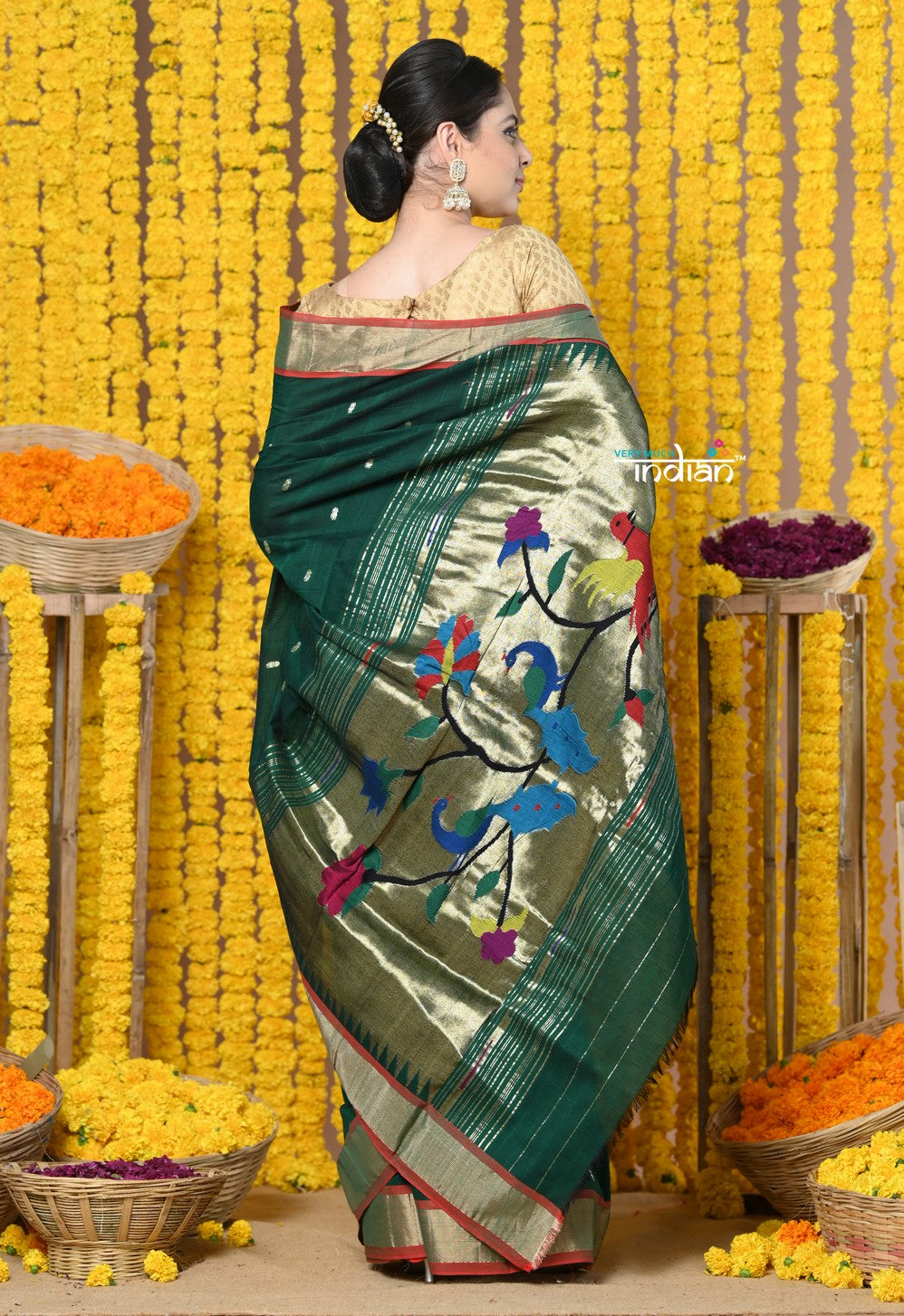 Very Much Indian Rajsi - Handloom Pure Cotton Paithani With Peacock Pallu - Dark Green - Distacart