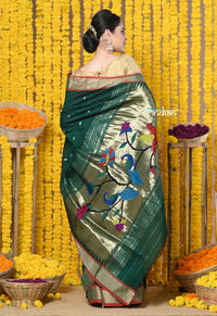 Thumbnail for Very Much Indian Rajsi - Handloom Pure Cotton Paithani With Peacock Pallu - Dark Green - Distacart