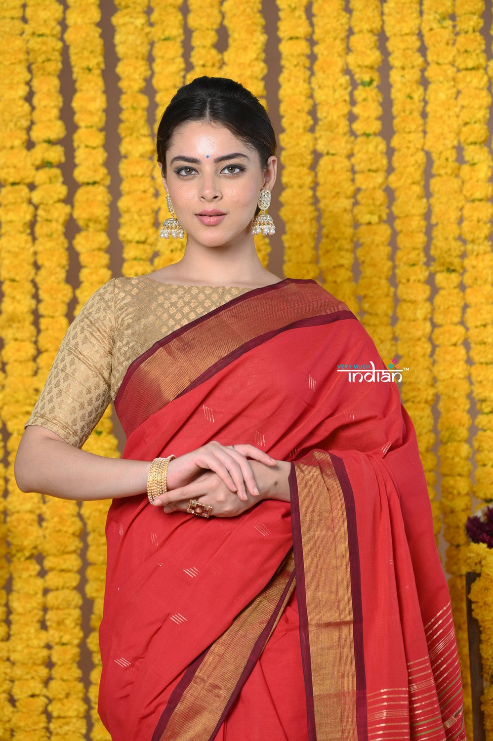 Very Much Indian Rajsi - Handloom Pure Cotton Paithani With Asawali Pallu - Red - Distacart