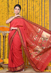 Thumbnail for Very Much Indian Rajsi - Handloom Pure Cotton Paithani With Asawali Pallu - Red - Distacart