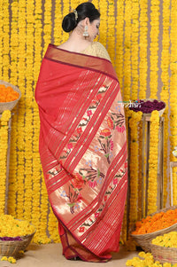 Thumbnail for Very Much Indian Rajsi - Handloom Pure Cotton Paithani With Asawali Pallu - Red - Distacart