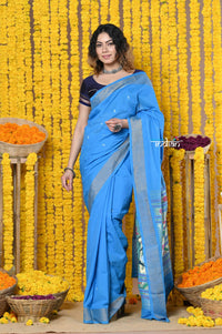Thumbnail for Very Much Indian Rajsi - Handloom Pure Cotton Paithani With Asawali Pallu - Cerrulean Blue - Distacart