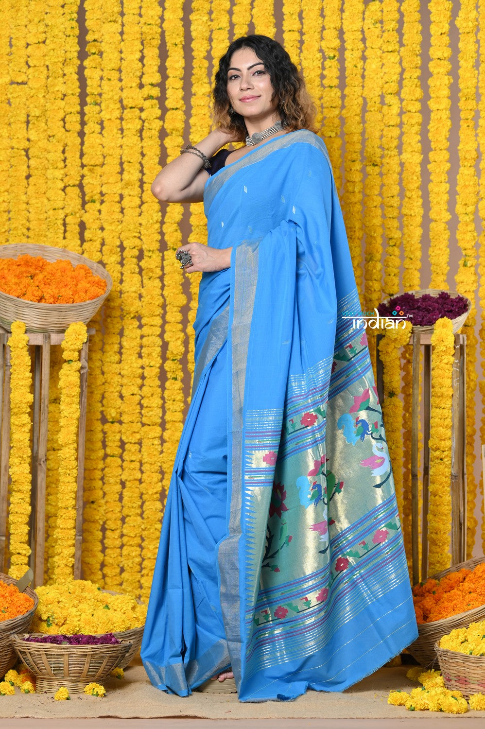Very Much Indian Rajsi - Handloom Pure Cotton Paithani With Asawali Pallu - Cerrulean Blue - Distacart