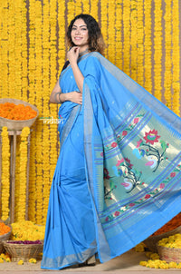 Thumbnail for Very Much Indian Rajsi - Handloom Pure Cotton Paithani With Asawali Pallu - Cerrulean Blue - Distacart