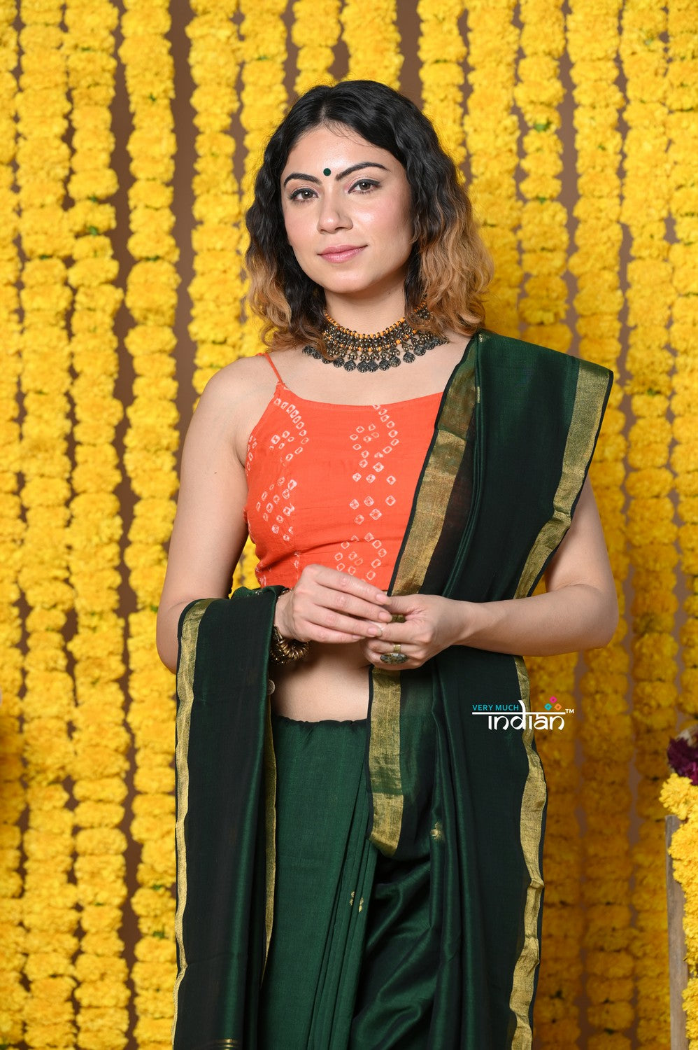 Very Much Indian Rajsi - Designed by VMI! High Quality Mul Cotton Handloom Woven Saree With Sleek Border in Green - Distacart