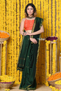 Thumbnail for Very Much Indian Rajsi - Designed by VMI! High Quality Mul Cotton Handloom Woven Saree With Sleek Border in Green - Distacart