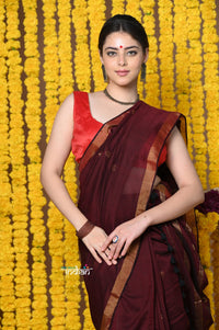 Thumbnail for Very Much Indian Rajsi - Designed by VMI! High Quality Mul Cotton Handloom Woven Saree With Sleek Border in Maroon - Distacart