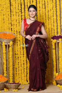 Thumbnail for Very Much Indian Rajsi - Designed by VMI! High Quality Mul Cotton Handloom Woven Saree With Sleek Border in Maroon - Distacart