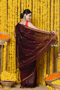 Thumbnail for Very Much Indian Rajsi - Designed by VMI! High Quality Mul Cotton Handloom Woven Saree With Sleek Border in Maroon - Distacart