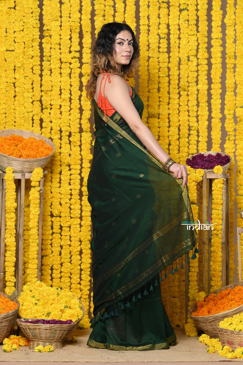 Very Much Indian Rajsi - Designed by VMI! High Quality Mul Cotton Handloom Woven Saree With Sleek Border in Green - Distacart