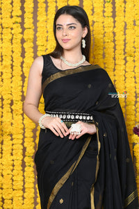 Thumbnail for Very Much Indian Rajsi - Designed by VMI! High Quality Mul Cotton Handloom Woven Saree With Sleek Border in Black - Distacart