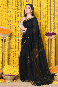 Thumbnail for Very Much Indian Rajsi - Designed by VMI! High Quality Mul Cotton Handloom Woven Saree With Sleek Border in Black - Distacart