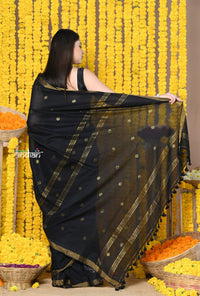 Thumbnail for Very Much Indian Rajsi - Designed by VMI! High Quality Mul Cotton Handloom Woven Saree With Sleek Border in Black - Distacart