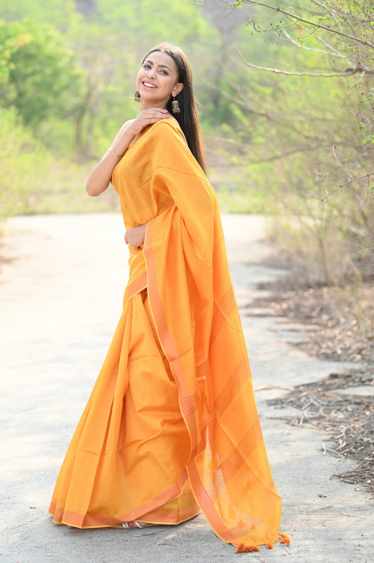 Very Much Indian Designer Pure Cotton Sarees with Classic Pallu - bright orange - Distacart