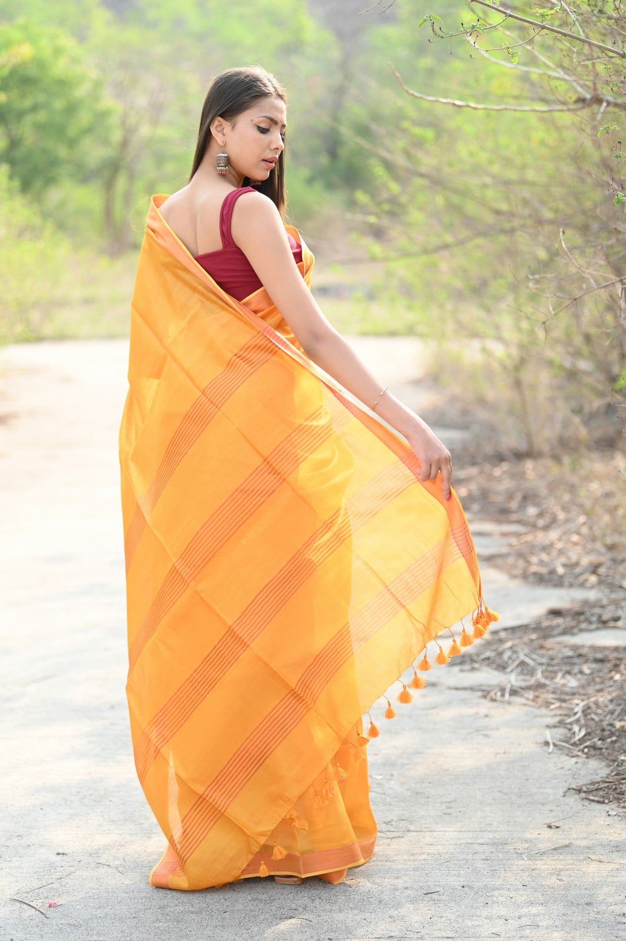 Very Much Indian Designer Pure Cotton Sarees with Classic Pallu - bright orange - Distacart