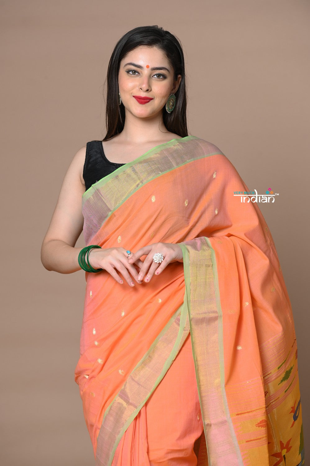 Very Much Indian Rajsi - Handloom Pure Cotton Paithani With Peacock Pallu - Peach - Distacart