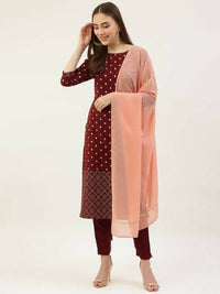 Thumbnail for FIORRA Women's Maroon Poly Crepe Straight Kurta Pant With Dupatta - Distacart