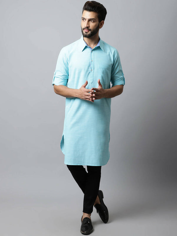 Even Apparels Blue Color Pure Cotton Solid Men's Kurta With Shirt Collar (SLD1132) - Distacart