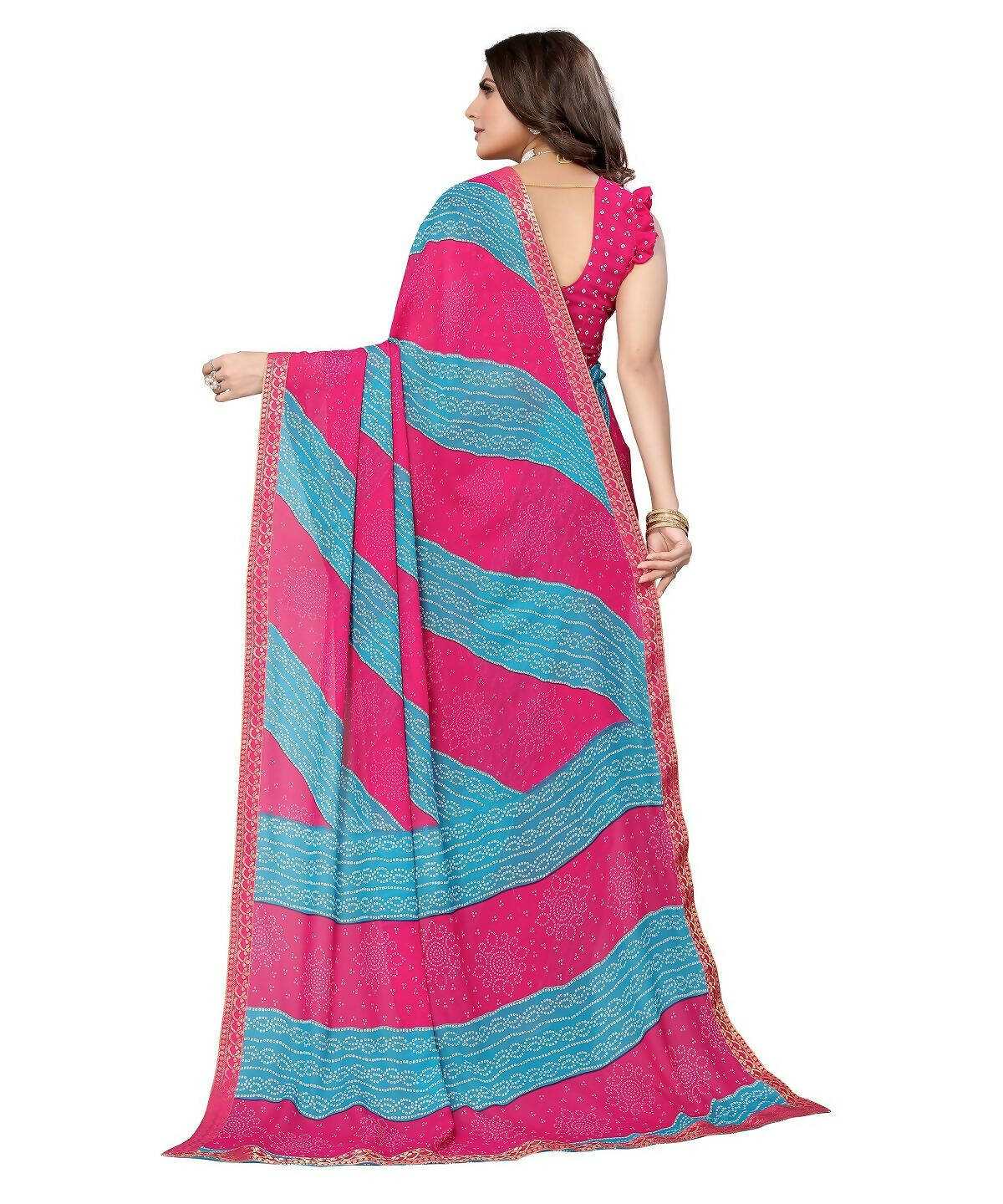 Vamika Pink Georgette Printed With Lace Saree (MANYA PINK SKY BLUE) - Distacart