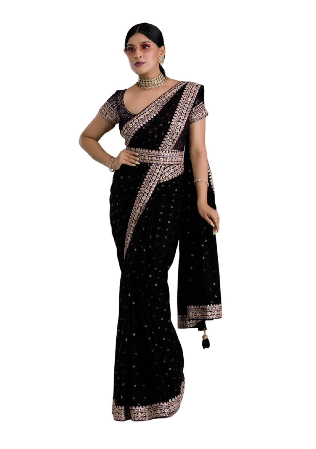 Vamika Black Chinon Zari Embroidery With Sequins Saree - Distacart