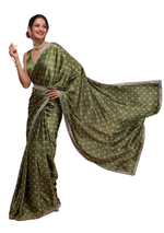Thumbnail for Vamika Olive Green Satin Sequins Embroidery Lace Saree - Distacart