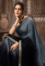 Thumbnail for Vamika Grey Chinon Heavy Embroidery Mirror Kari Lace Work & Crush Saree - Distacart