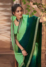 Thumbnail for Vamika Light Green Chinon Heavy Embroidery Mirror Kari Lace Work & Crush Saree - Distacart