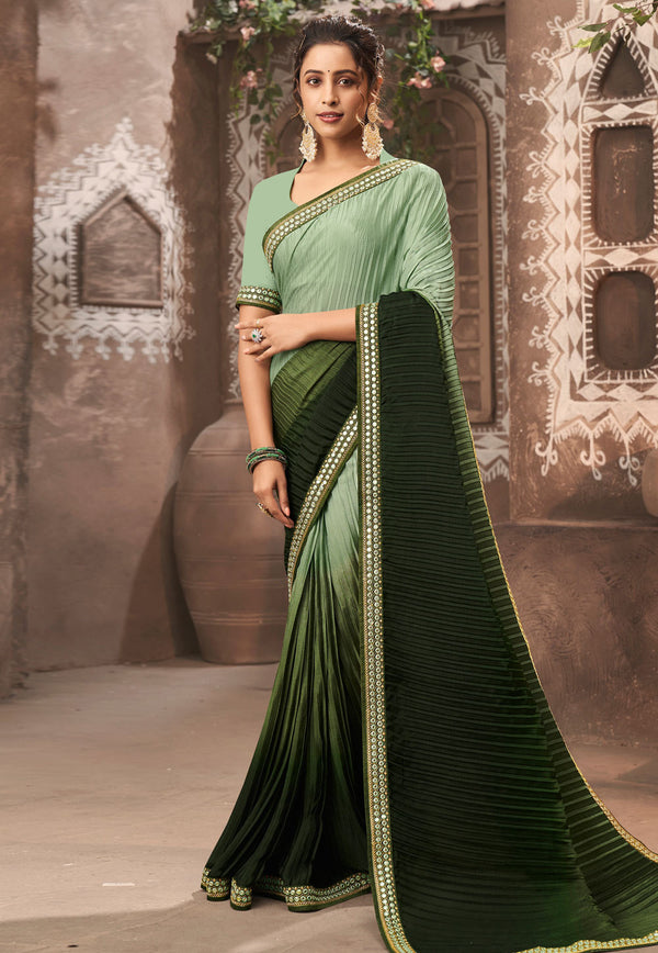Vamika Olive Green Chinon Heavy Embroidery Mirror Kari Lace Work & Crush Saree - Distacart