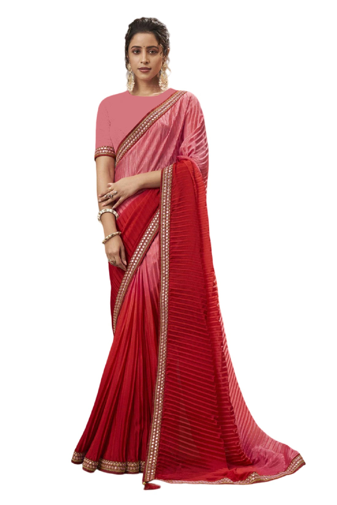 Vamika Pink Chinon Heavy Embroidery Mirror Kari Lace Work & Crush Saree - Distacart