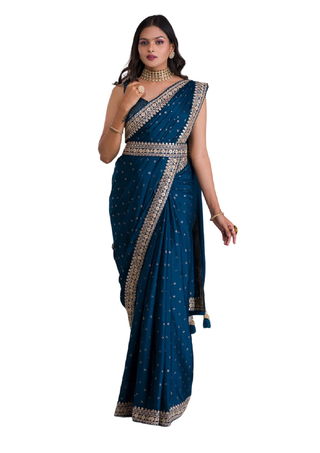 Vamika Blue Chinon Zari Embroidery With Sequins Saree - Distacart