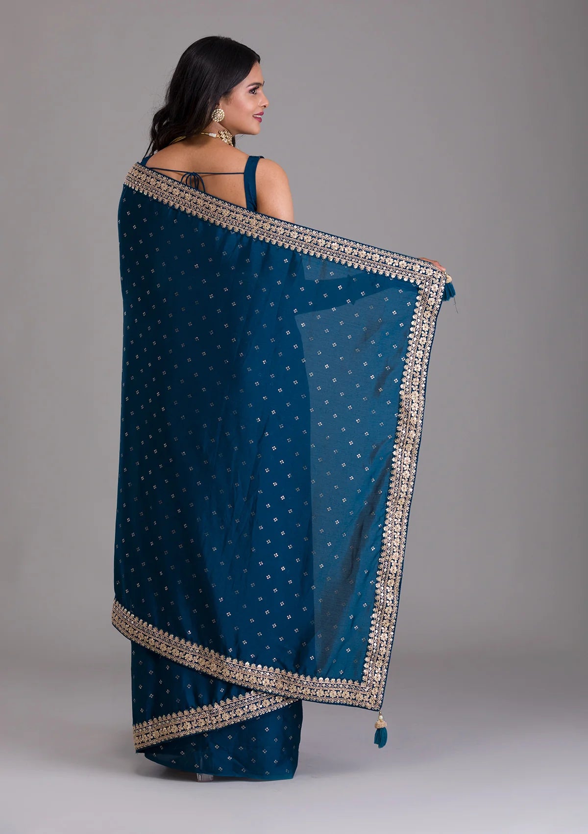 Vamika Blue Chinon Zari Embroidery With Sequins Saree - Distacart