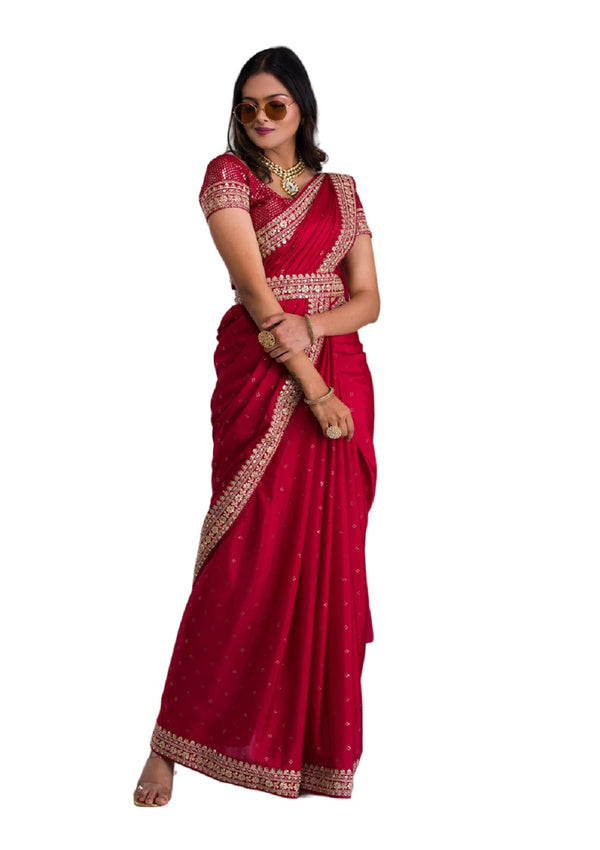 Vamika Pink Chinon Zari Embroidery With Sequins Saree - Distacart