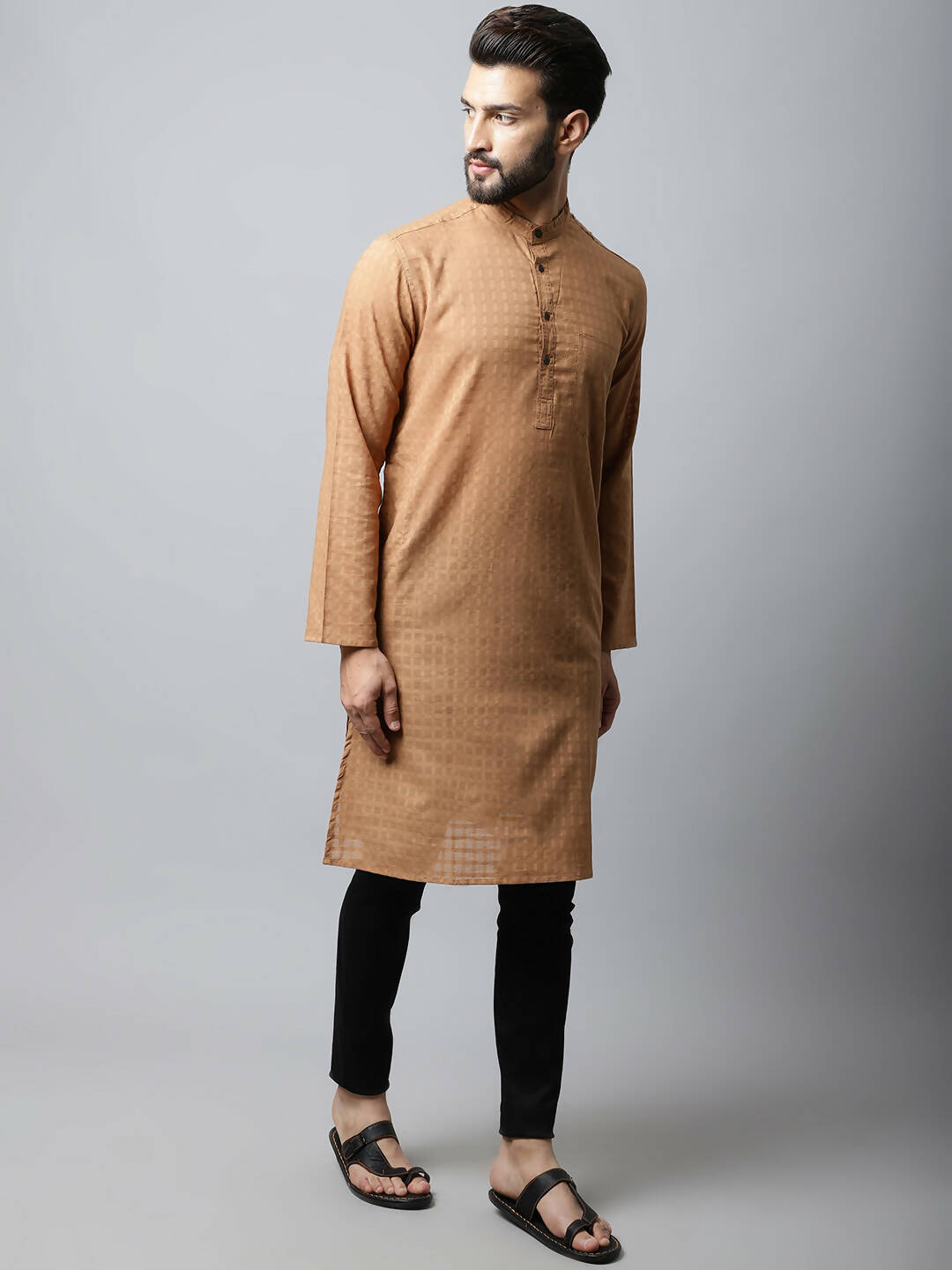 Even Apparels Brown Color Pure Cotton Men's Kurta With Band Collar (CHK1200) - Distacart