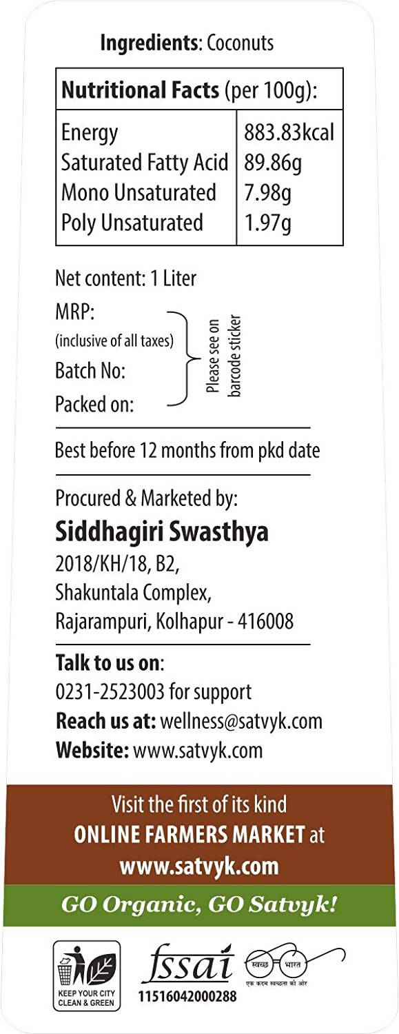 Siddhagiri's Satvyk Organic Wood Pressed Coconut Oil 500 ml